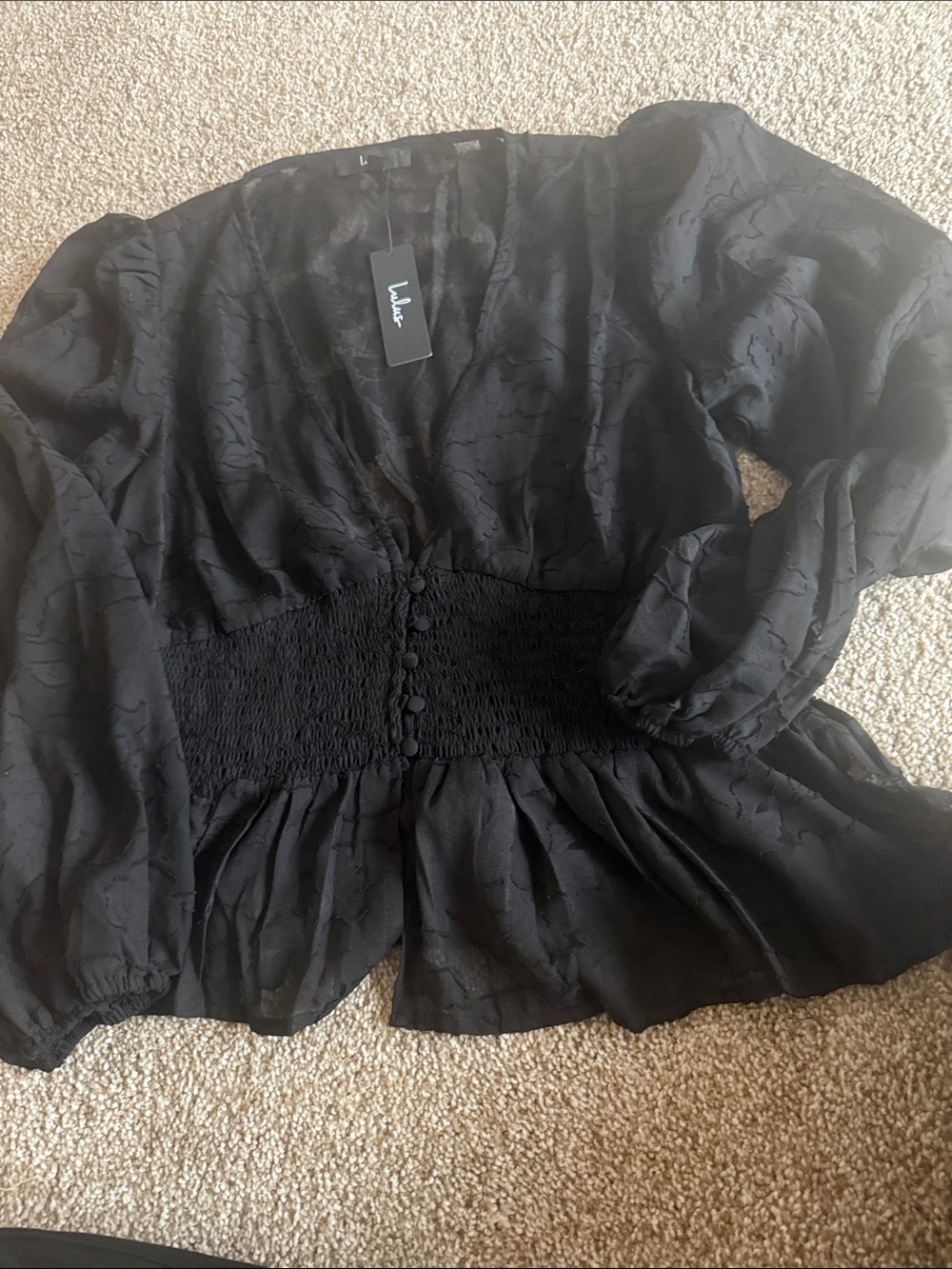 Lulu's Black V-Neck Smocked Waist Peplum Blouse size XL floral print